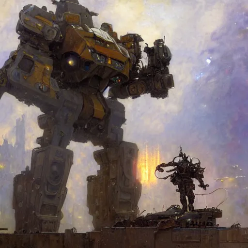 Image similar to six meters tall mech fighting in an urban environment, epic action scene, by gaston bussiere craig mullins jc leyendecker gustav klimt artgerm greg rutkowski john berkey, bergey, craig mullins, ruan jia, raymond swanland, jeremy mann, tom lovell, alex malveda