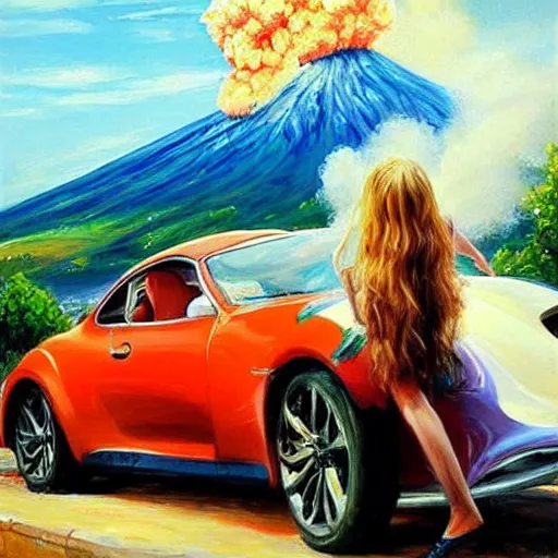 Image similar to painting volegov car blonde woman!!! erupting volcano!!!