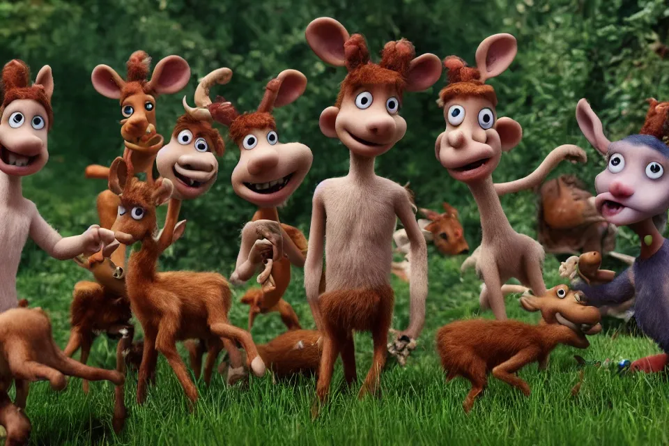 Image similar to realistic 8 k movie still, nymphs playing with fauns in wallace and gromit