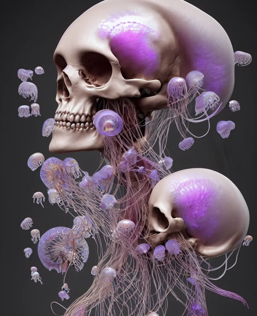 Image similar to goddess close - up portrait human skeleton, ram skull, jellyfish, orchid, betta fish, bioluminiscent, intricate artwork by tooth wu and wlop and beeple. octane render, trending on artstation, greg rutkowski very coherent symmetrical artwork. cinematic, hyper realism, high detail, octane render, 8 k