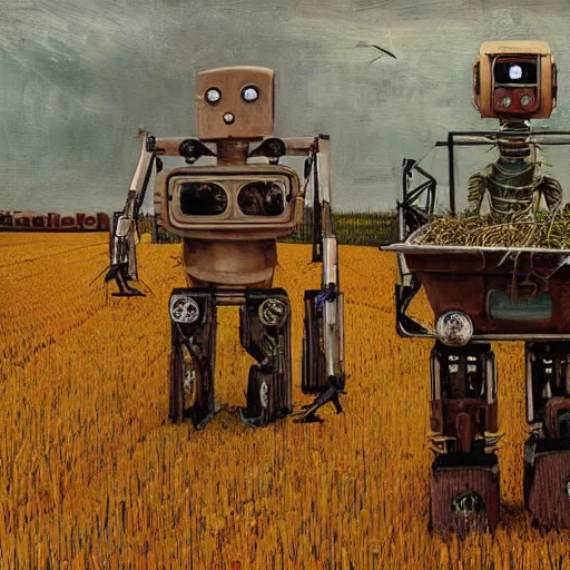 Prompt: Two robot farmers working in the field, by Andrea Kowch