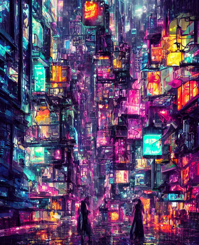 Image similar to cluttered futuristic city at night, night clubs and neons, rain, girl under lantern, by Sean Foley