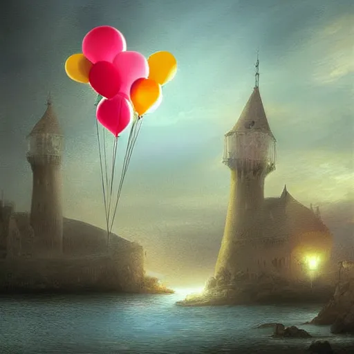 Image similar to digital art of bretagne with giant birthday balloons, artstation cgsociety masterpiece