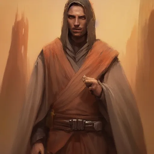 Image similar to portrait of a man by greg rutkowski, jedi knight owen skywalker, messy copper hair, jedi robes, star wars expanded universe, he is about 2 0 years old, wearing jedi robes, highly detailed portrait, digital painting, artstation, concept art, smooth, sharp foccus ilustration, artstation hq