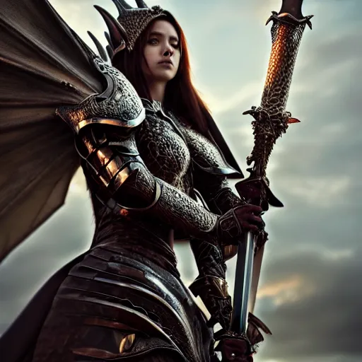 Prompt: highly detailed realistic stunning shot of a beautiful anthropomorphic female dragon knight, resting a detailed and engraved longsword over her armored shoulder, cloak flittering in the wind, high quality, HD octane render, epic cinematography, Artstation, Deviantart, Furaffinity