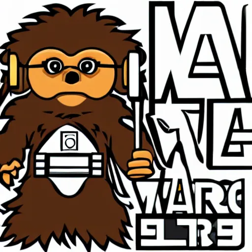 Image similar to a Star-Wars-Wookie, svg sticker, vector art, wearing headphones, jamming to music