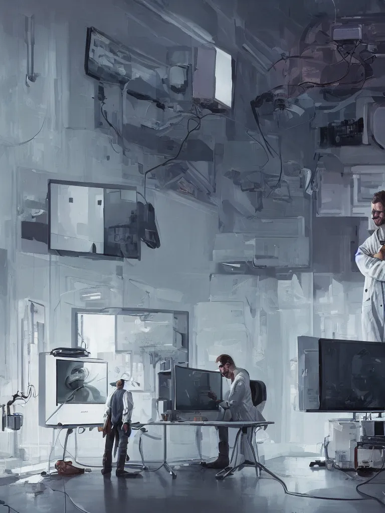 Image similar to a portrait of a researcher in a white coat in front of a computer and screens in a painting from stalenhag, 4 k, 8 k, hdr, artstation