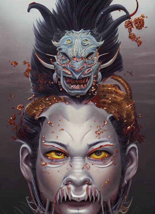 Prompt: a beautiful detailed oil on copper art illustration of a oni hannya mask shogun bear devil woman, centered, by charlie bowater, zeng fanzh, trending on artstation, dim dusk lighting, cinematic lighting, detailed lighting, volumetric lighting, realistic, f 8, 4 k hd wallpaper