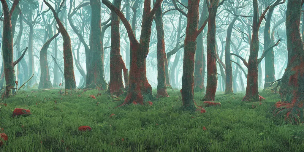 Prompt: abstract 3d landscape forest painting by james jean and David Schnell with 1000 year old trees painted in no mans sky style, redshift, octane