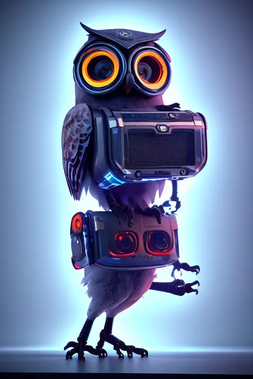 Image similar to high quality 3 d render very cute cyborg owl! with boombox!, cyberpunk highly detailed, unreal engine cinematic smooth, in the style of blade runner & detective pikachu, hannah yata charlie immer, moody light, low angle, uhd 8 k, sharp focus