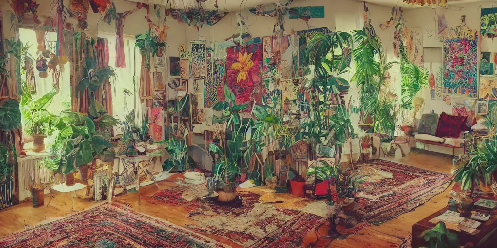 Image similar to photo of 1 9 6 9 living in an older house, hippie pad, hippie chic, antiques, tropical houseplants, beaded curtains, posters on the walls, persian rugs, artstation, 8 k