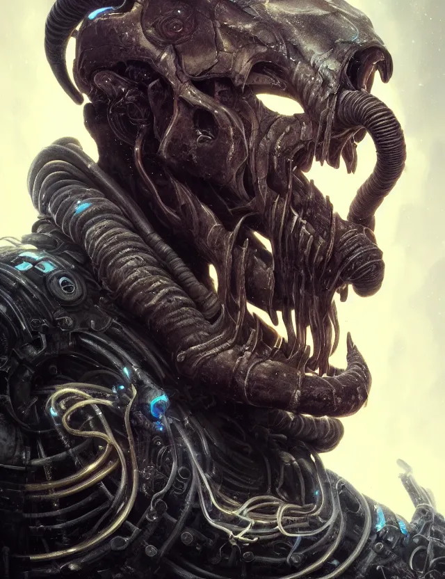 Image similar to prometheus engineer close - up profile portrait with ram skull. beautiful intricately detailed, bio luminescent, plasma, ice, water, wind, creature, artwork by tooth wu and wlop and giger and beeple and greg rutkowski
