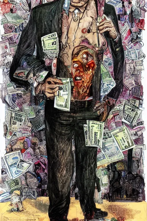 Image similar to George Soros full body shot, dollar bills Body horror, biopunk, by Ralph Steadman, Francis Bacon, Hunter S Thompson