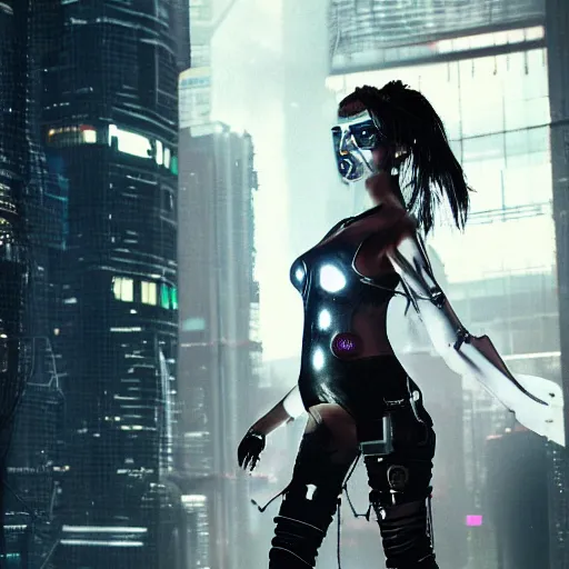 Prompt: a high detailed portrait of a sexy female model cyberpunk in a dystopian world