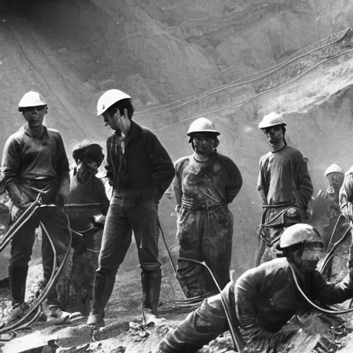 Image similar to an image of a group of men mining in a coal mine, in a medium full shot, russian and japanese mix, high - key lighting, warm lighting, overcast flat midday sunlight, a vintage historical fantasy 1 9 8 2 photo from life magazine.