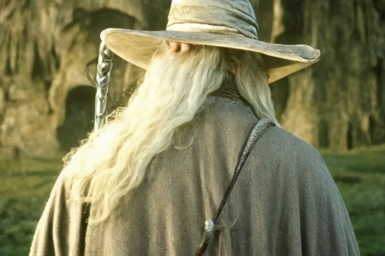 Image similar to Gandalf wearing a cowboy hat, from behind, full body view. Movie still from lord of the rings the fellowship of the ring.