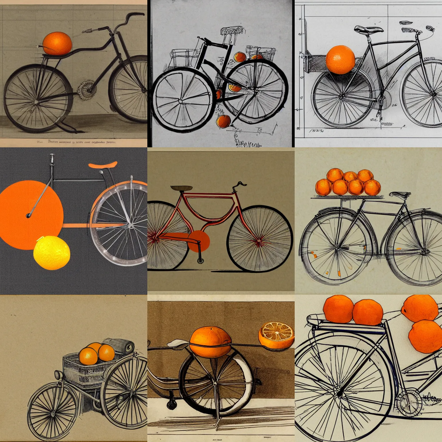 Prompt: Bicycle with oranges as wheels, technical drawing