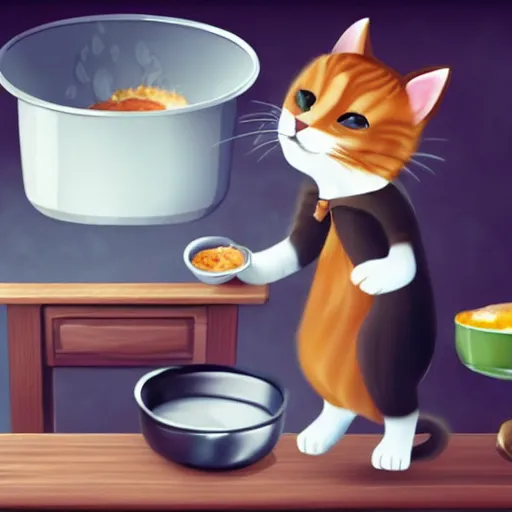 Image similar to a cute cat cooking a breakfast, highly detailed, masterful, cinematic