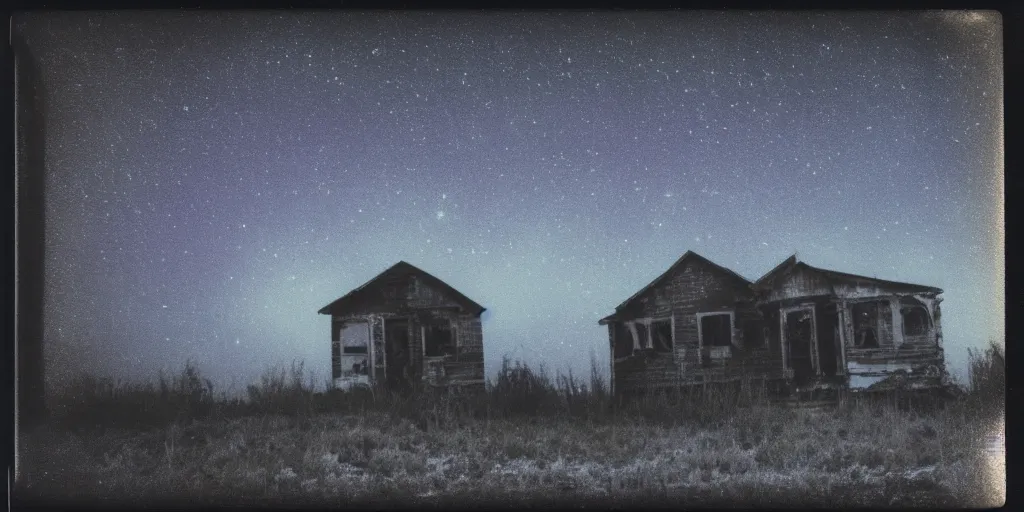 Prompt: polaroid photo of an abandoned house on a wasteland, deep purple starry sky, slight color bleed, grain