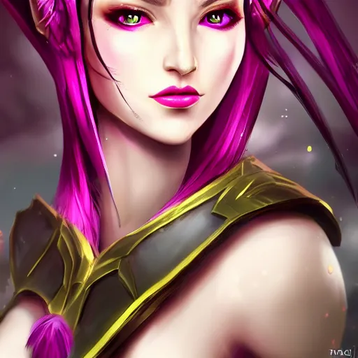 Image similar to portrait of a female high elf with magenta eyes and dark hair, in the style of league of legends digital art trending on art station 8 k