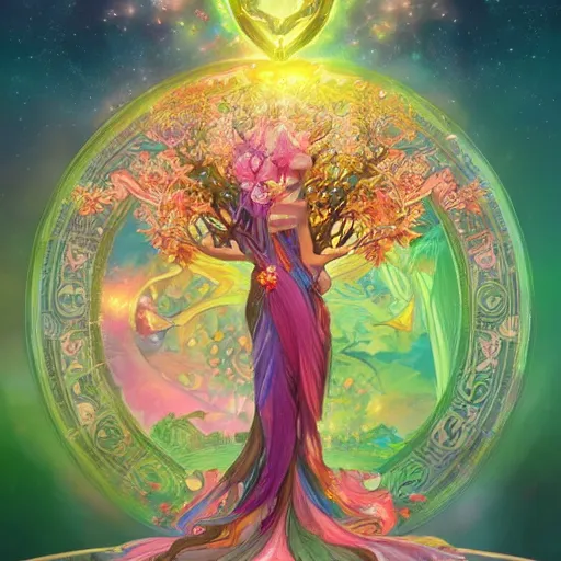 Prompt: world tree yggdrasil, lisa frank, shutterstock. behance hd by artgerm and greg rutkowski and alphonse mucha, illustration