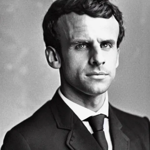 Image similar to photograph of emmanuel macron by edwardian, male, 1 9 0 0 s, 1 9 1 0 s, grainy, slightly blurry, faded, realistic face