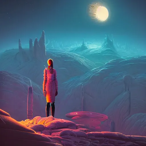 Image similar to a fantastic hyperdetailed 3 d matte painting of a female - cybernetic sorceress under the arctic moonlight, by moebius by beeple by vanessa lemen by paul lehr by dan mumford