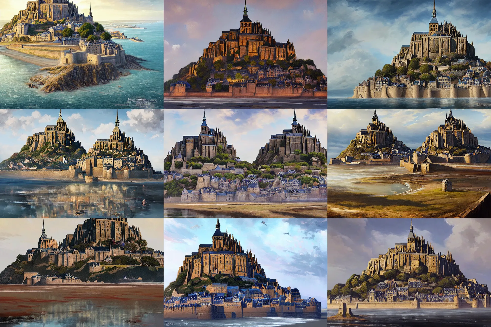 Prompt: painting of mont - st - michel, art by artgerm and greg rutkowski and magali villeneuve
