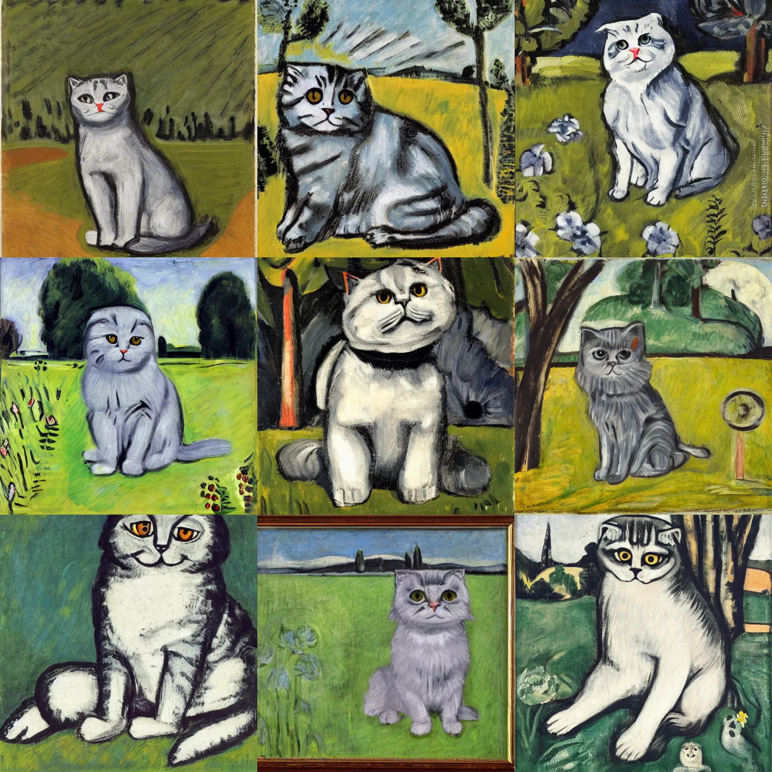 Prompt: a gray scottish fold sitting in the middle of sunny meadow, by max beckmann