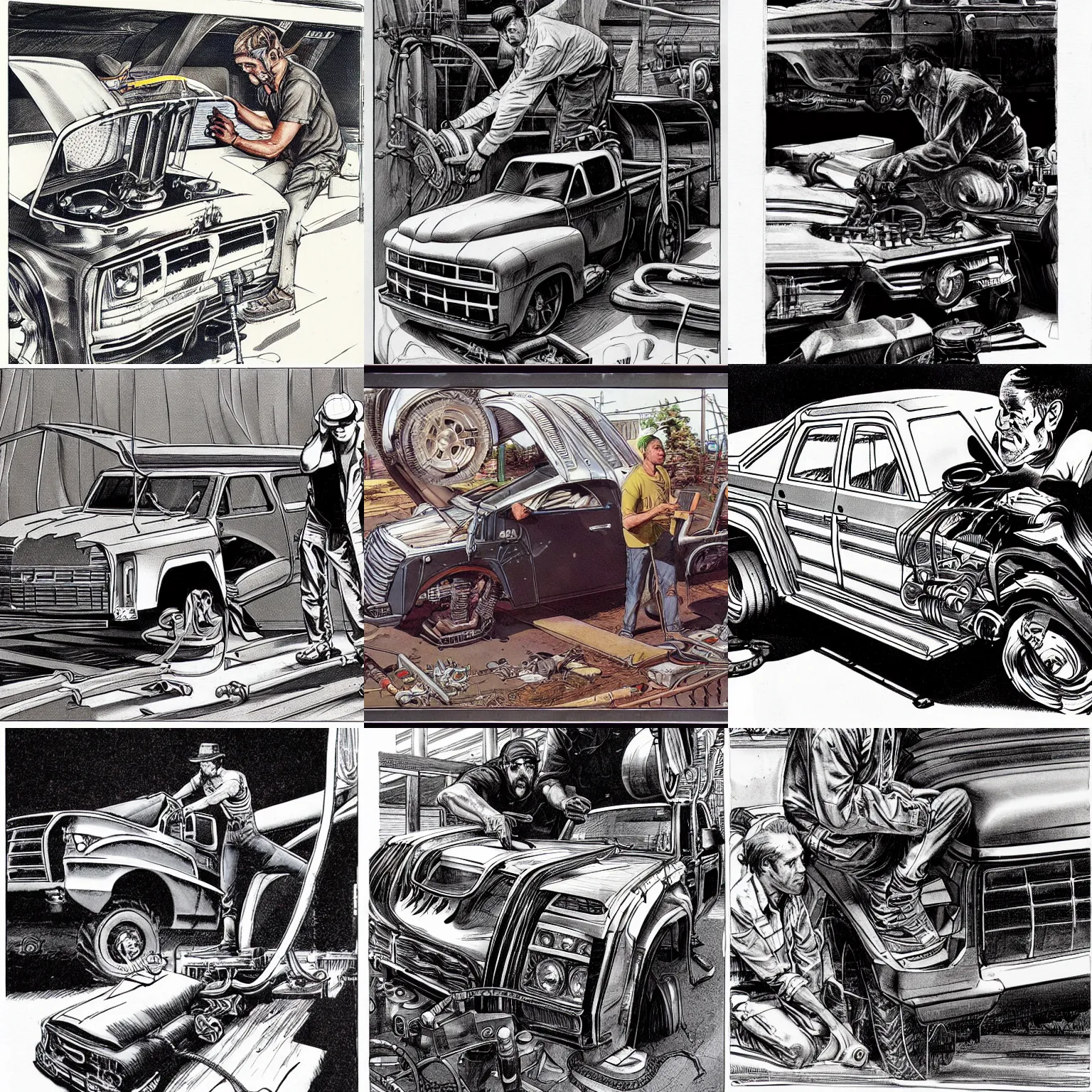 Prompt: greasy mechanic working on a broken futuristic truck by bernie wrightson