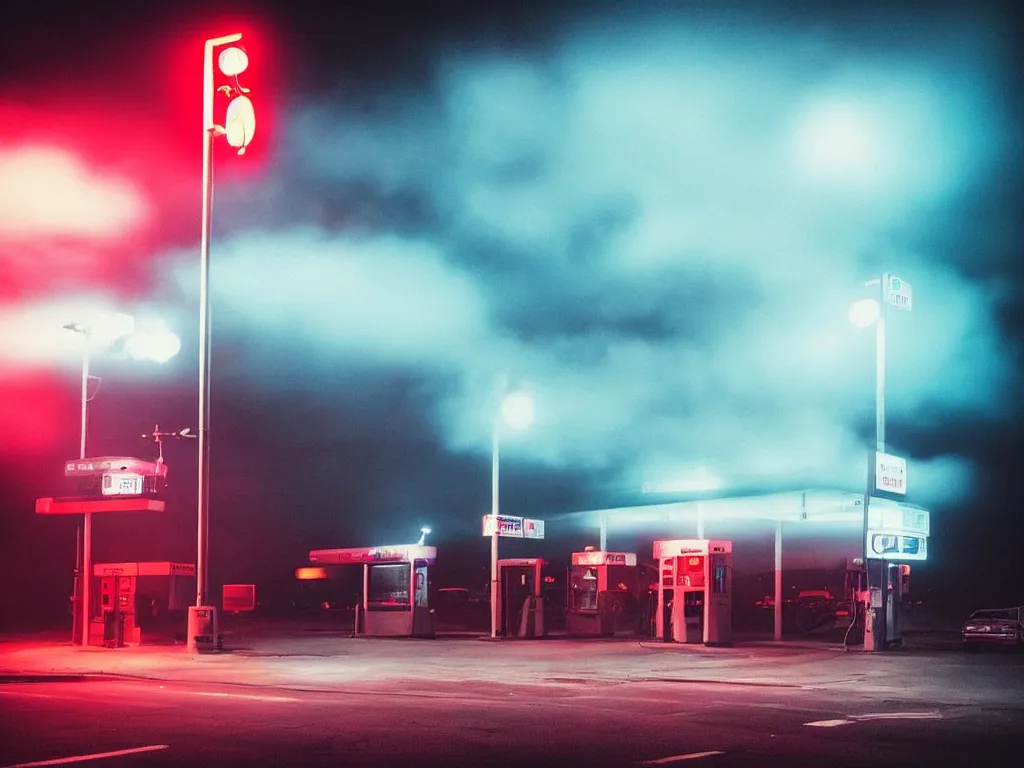 Image similar to “photography of gas station , fog, blue and red lights, night, mood, atmospheric, full of colour, digital photography”