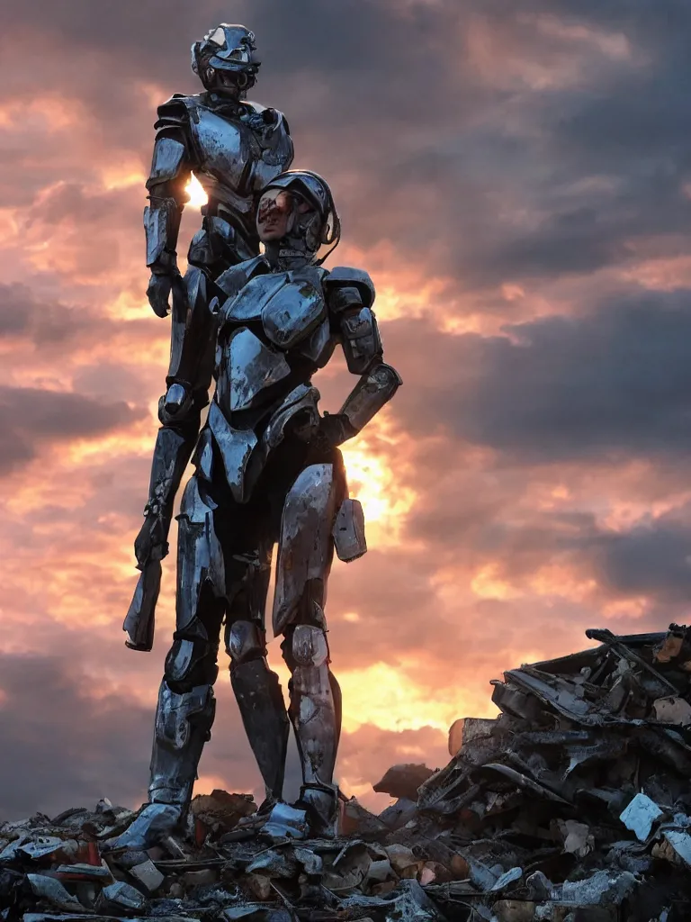 Image similar to emily blunt in futuristic power armor, standing atop a pile of rubble, sunset and big clouds behind her