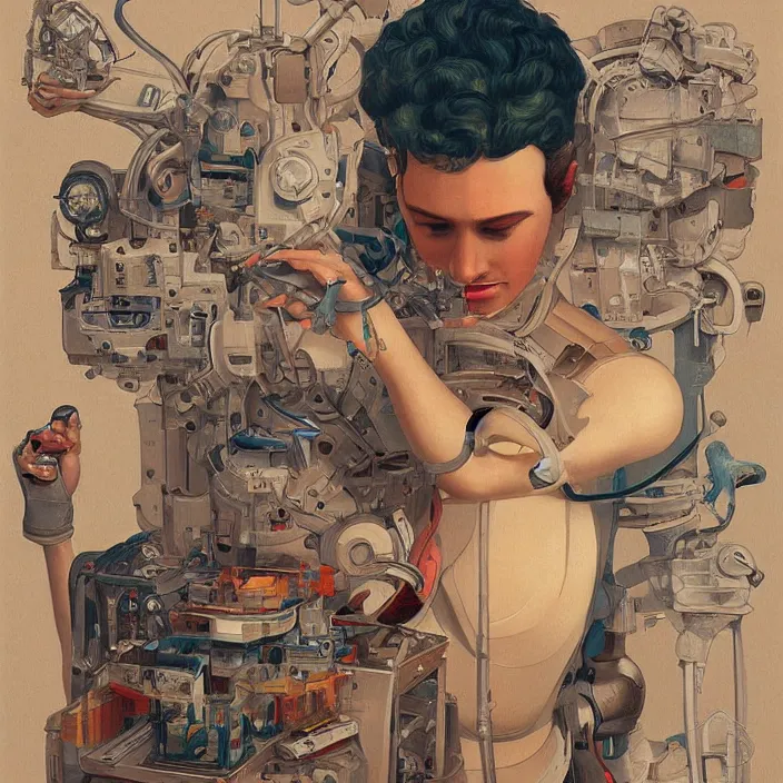 Image similar to robot artist painting a self - portrait on a canvas. intricate, highly detailed, digital matte painting, in the style of alexandros pyromallis, and in the style of sachin teng, and in the style of hans thoma, and in the style of alberto vargas. irony, recursion, inspiration.