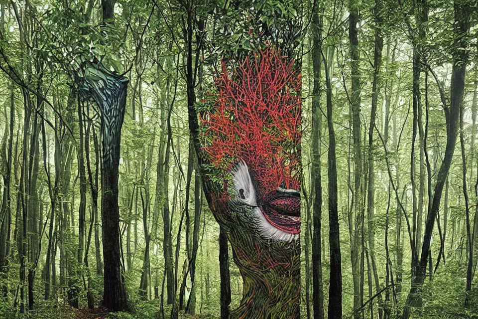 Prompt: anamorphic surrealist graffiti of a forest, by birdo, alex maksiov and john pugh