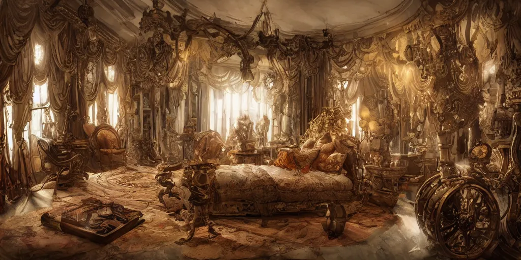 Image similar to Rococó steampunk bedroom interior, kim jung gi style, Greg Rutkowski, Zabrocki, Karlkka, Jayison Devadas, trending on Artstation, 8K, ultra wide angle, zenith view, pincushion lens effect