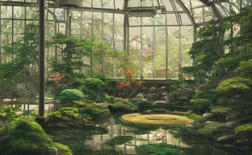 Prompt: japanese garden, forest, huge greenhouse, sunny bay window, indoor, architecture, highly detailed, digital painting, artstation, art nouveau, concept art, sharp focus, illustration