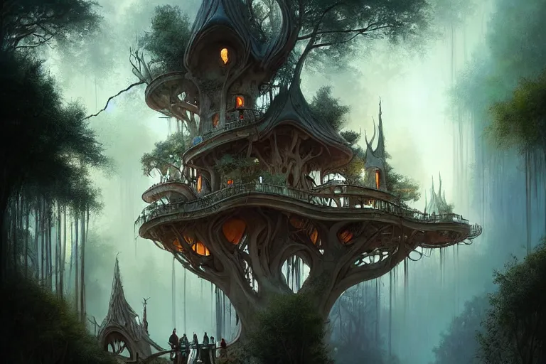 Image similar to treehouse with architecture from antonio gaudi in a deep mystical forest , lampoons, lake, waterfall, tall people walking and discussing, dynamic lighting, art by peter mohrbacher on artstation, mix with rivendell architecture, night mood