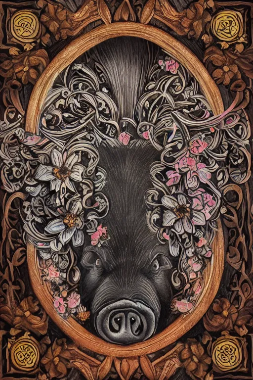 Image similar to Painted dark-wood panel relief carving of the close up of a Flowerpunk Pig, ornate border frame, explosion of colorful flowers, dark wood, intricately carved, black ink, festival of rich colors, intricate details, cinematic lighting, volumetric lighting, post-processing, art nouveau, tarot, fractal art, mandala, by andreas rocha and john howe, and Martin Johnson Heade, featured on artstation, featured on behance, golden ratio, hyper detailed, photorealistic, epic composition, center spotlight, f32, well composed, symmetrical, UE5, 8k