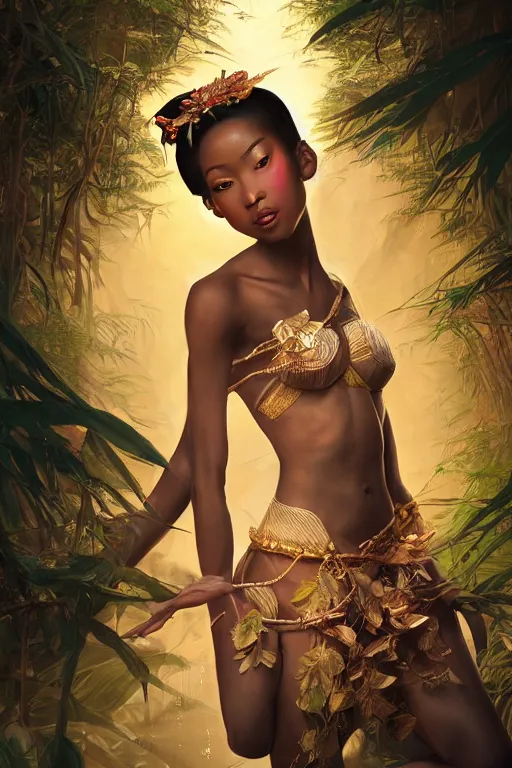 Image similar to stunningly beautiful, nubian geisha prima ballerina in jungle, symmetrical face, golden hour, smooth, focus, highly detailed, hyper realistic, dramatic lighting, elegant, intricate, concept art, art by wlop, mars ravelo, greg rutowski, artstation