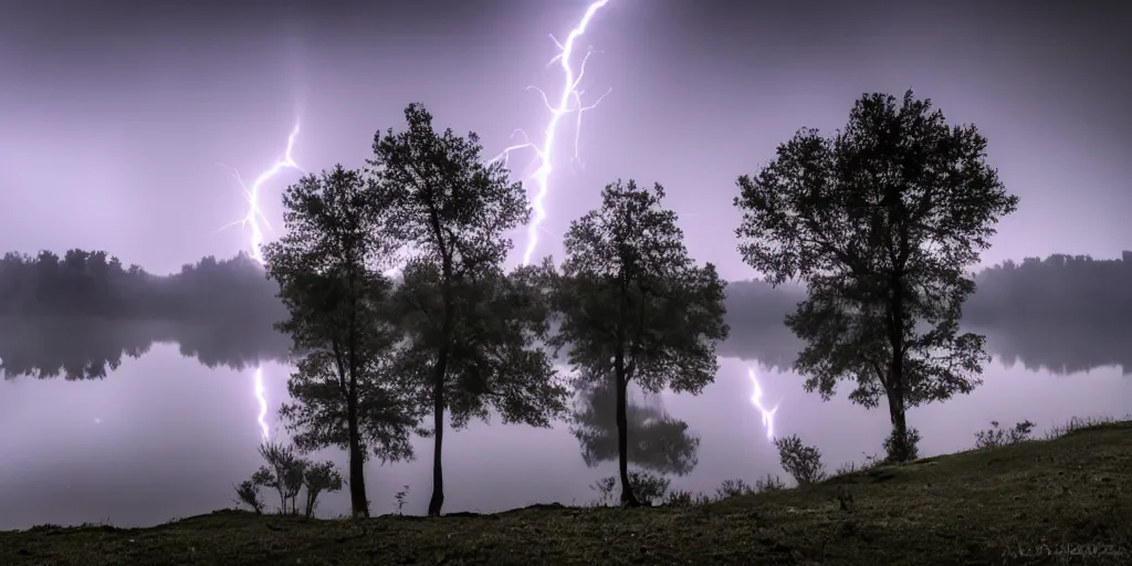 Image similar to empty lake at night, there is fog glazing over the water. it is raining, with lightning strikes.