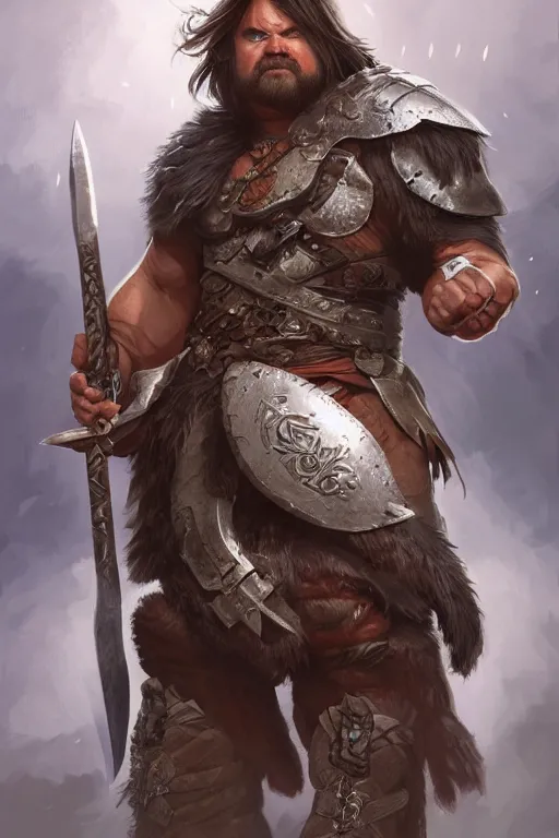 Image similar to ultra realistic illustration, jack black as a barbarian warrior from baldurs gate and diablo, intricate from baldurs gate, elegant, highly detailed, digital painting, artstation, concept art, smooth, sharp focus, illustration, art by artgerm and greg rutkowski and alphonse mucha