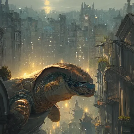 Image similar to A city on a gigantic turtle ,Greg rutkowski, Trending artstation, cinematográfica, digital Art