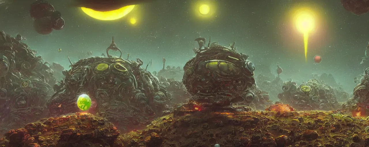 Image similar to ” outer planet with strange and mysterious eggs and larvae, [ art by paul lehr, cinematic, detailed, epic, widescreen, opening, establishing, mattepainting, photorealistic, realistic textures, octane render ] ”