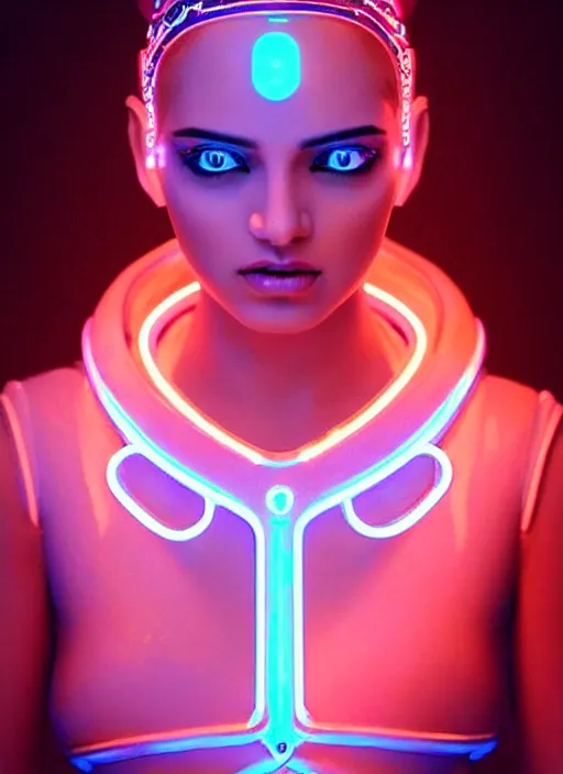 Image similar to indian female humanoid, cyber neon lighting, retro futurism, intricate futuristic led lit jewelry, retro futuristic glossy white latex swimwear, profile posing, hyper photorealistic, crispy quality, digital photography, trending in artstation, trending in pinterest, cinematic, 4 k ultra hd, art by pascal blanche, art by greg rutkowski,