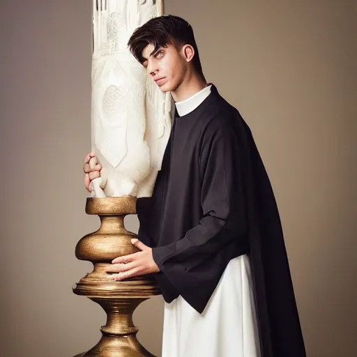 Image similar to attractive kai havertz wearing priest outfit holding large detailed ivory candlestick. natural lighting by ruan jia, portrait. 8 k high definition