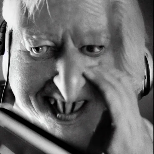 Image similar to obese Edgar Winter wearing a headset yelling at his monitor while playing WoW highly detailed wide angle lens 10:9 aspect ration award winning photography by David Lynch esoteric erasure head