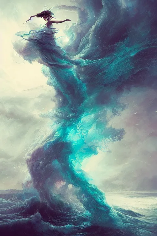 Image similar to a fractal dancer in a tornado emerges from a stormy sea by artgem and greg rutkowski, vivid colors, trippy, nebula, trending on artstation