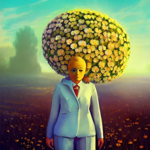 Prompt: huge daisy flower head, frontal, girl in a suit, surreal photography, sunrise, dramatic light, impressionist painting, digital painting, artstation, simon stalenhag