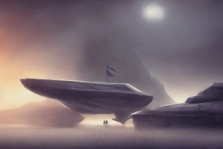 Image similar to concept art of spaceship by Michal Klimczak, foggy background