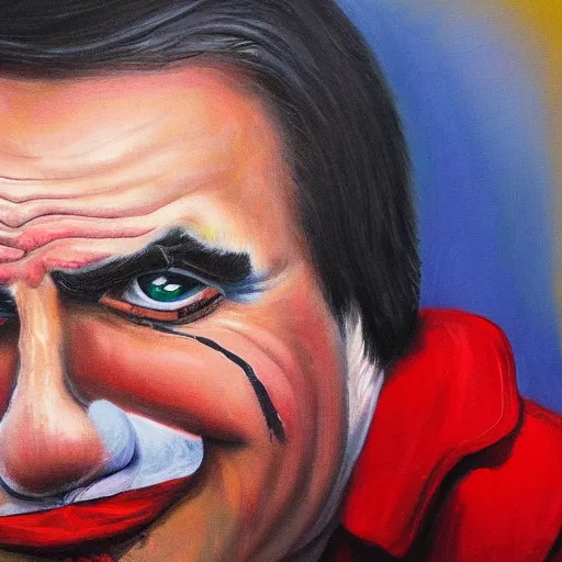 Image similar to oil canvas of jair bolsonaro as a sad clown